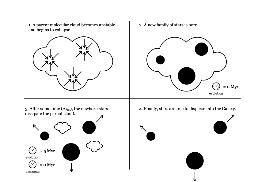 Cartoon illustrating the formation of one star cluster. The time when the evolution and dynamical clock start are indicated